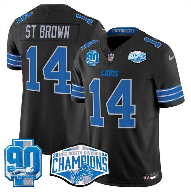 Mens Detroit Lions #14 Amon-Ra St. Brown Black 2024 NFC North Champions 90th Anniversary Patch F.U.S.E. Vapor Limited Stitched Jersey